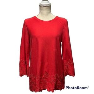 J. Jill Bright red crewneck soft cotton laser cut eyelet lace swing tunic top